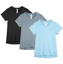 icyzone Damen Sport T-Shirt V-Ausschnitt Fitness Kurzarm Shirt Laufshirt Gym Yoga Top Funktionsshirt, 3er Pack (Black/Smoky Blue/Baby Blue, XL) von icyzone