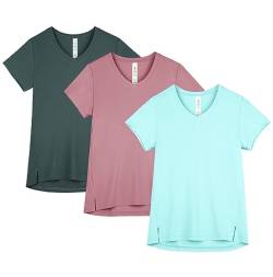 icyzone Damen Sport T-Shirt V-Ausschnitt Fitness Kurzarm Shirt Laufshirt Gym Yoga Top Funktionsshirt, 3er Pack (Dark Teal/Mauve/Aqua, XL) von icyzone