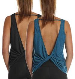 icyzone Damen Sport Tank Top Rückenfrei, Fitness Yoga Shirt Ärmellose Gym Sport Oberteil, 2er Pack (M, Black*/Denim*) von icyzone