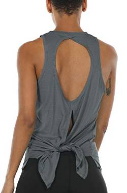 icyzone Damen Sport Top Yoga Fitness Shirt Rückenfrei Oberteil Atmungsaktive Laufshirt (L, Gray) von icyzone