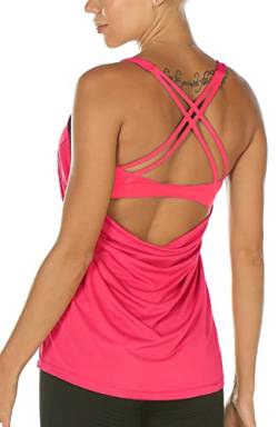 icyzone Damen Sport Top mit BH - 2 in 1 Fitness Yoga Shirt Cross Back Gym Training Tank Top (L, Neon Pink) von icyzone