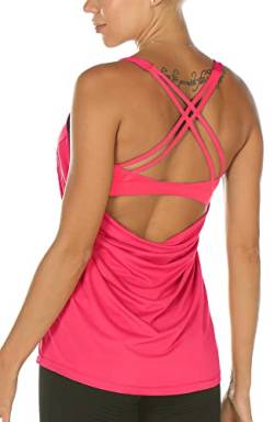 icyzone Damen Sport Top mit BH - 2 in 1 Fitness Yoga Shirt Cross Back Gym Training Tank Top (S, Neon Pink) von icyzone