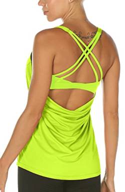 icyzone Damen Sport Top mit BH - 2 in 1 Fitness Yoga Shirt Cross Back Gym Training Tank Top (XL, Neon Yellow) von icyzone