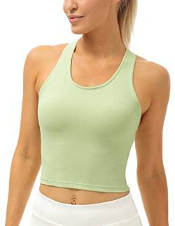 icyzone Damen Sport Top mit Integriertem BH, Yoga Crooped Shirt Geripptes Racerback Tank Top (M, Pastel Green) von icyzone
