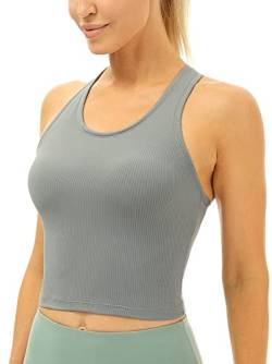 icyzone Damen Sport Top mit Integriertem BH, Yoga Crooped Shirt Geripptes Racerback Tank Top (S, Grey) von icyzone