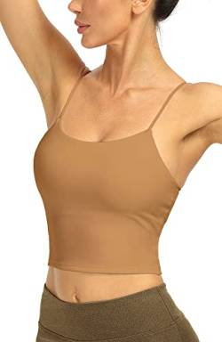 icyzone Damen Sport Top mit Integriertem BH - Spaghetti Trägertop Yoga Shirt, 2 in 1 Gym Fitness Tank Top (L, Camel) von icyzone