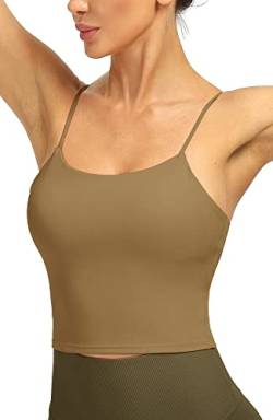 icyzone Damen Sport Top mit Integriertem BH - Spaghetti Trägertop Yoga Shirt, 2 in 1 Gym Fitness Tank Top (L, Deep Khaki) von icyzone