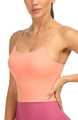 icyzone Damen Sport Top mit Integriertem BH - Spaghetti Trägertop Yoga Shirt, 2 in 1 Gym Fitness Tank Top (L, Pink) von icyzone