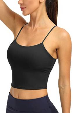 icyzone Damen Sport Top mit Integriertem BH - Spaghetti Trägertop Yoga Shirt, 2 in 1 Gym Fitness Tank Top (M, Black) von icyzone