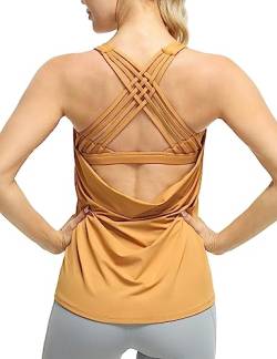 icyzone Damen Sport Top mit Integriertem BH Yoga Oberteile Sport Fitness Shirt 2 in 1 Gym Tank Top (L, Camel) von icyzone