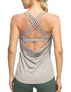 icyzone Damen Sport Top mit Integriertem BH Yoga Oberteile Sport Fitness Shirt 2 in 1 Gym Tank Top (M, Natural Grey) von icyzone