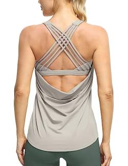 icyzone Damen Sport Top mit Integriertem BH Yoga Oberteile Sport Fitness Shirt 2 in 1 Gym Tank Top (S, Natural Grey) von icyzone