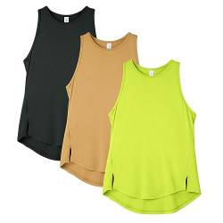 icyzone Damen Sport Tops Racerback Fitness Tank Top Atmungsaktive Gym Yoga Funktions Shirt, 3er Pack (Black/Camel/Lime Green, L) von icyzone