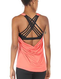 icyzone Damen Sport Tops mit Integriertem BH - 2 in 1 Yoga Gym Shirt Fitness Training Tanktop (L, Fusion Coral) von icyzone