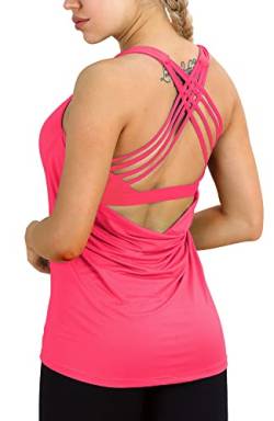 icyzone Damen Sport Tops mit Integriertem BH - 2 in 1 Yoga Gym Shirt Fitness Training Tanktop (M, Neon Pink) von icyzone