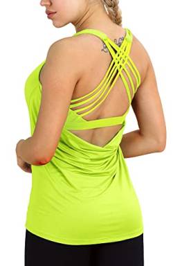 icyzone Damen Sport Tops mit Integriertem BH - 2 in 1 Yoga Gym Shirt Fitness Training Tanktop (M, Neon Yellow) von icyzone