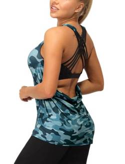 icyzone Damen Sport Tops mit Integriertem BH - 2 in 1 Yoga Gym Shirt Fitness Training Tanktop (XL, Navy Camo) von icyzone