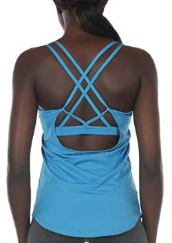 icyzone Damen Sport Yoga Tank Top mit Integriertem BH - 2 in 1 Sport Oberteile Fitness Gym Shirts (M, Blau) von icyzone