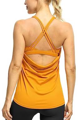 icyzone Damen Sport Yoga Top mit BH - 2 in 1 Fitness Shirt Cross Back Gym Sport Tank Top (M, Golden Yellow) von icyzone