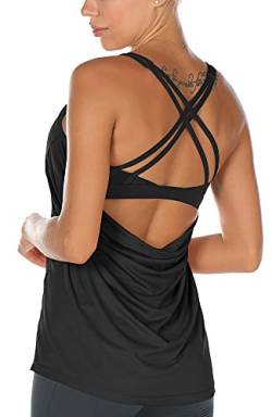 icyzone Damen Sport Yoga Top mit BH - 2 in 1 Fitness Shirt Cross Back Gym Sport Tank Top (XL, Black) von icyzone