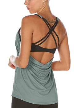 icyzone Damen Sport Yoga Top mit BH - 2 in 1 Fitness Shirt Cross Back Gym Sport Tank Top (XL, Dusk Blue) von icyzone