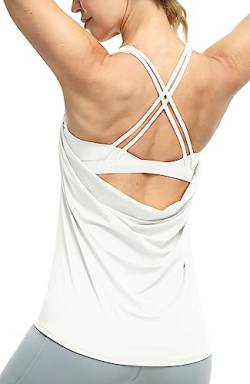 icyzone Damen Sport Yoga Top mit BH - 2 in 1 Fitness Shirt Cross Back Gym Sport Tank Top (XL, White) von icyzone