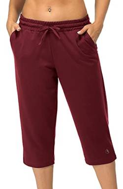 icyzone Damen Sporthose 3/4 Sweathose Jogginghose Straight Bein Fitness Yoga Hose mit Tasche (L, Wein Rot) von icyzone