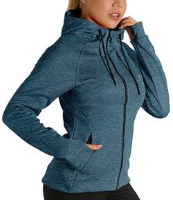 icyzone Damen Sportjacke Laufjacke voll Zip Trainingsjacke mit Kapuze, Fitness Hoodie Langarm Shirt im Winter (L, Blau) von icyzone