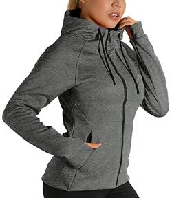 icyzone Damen Sportjacke Laufjacke voll Zip Trainingsjacke mit Kapuze, Fitness Hoodie Langarm Shirt im Winter (L, Grau) von icyzone