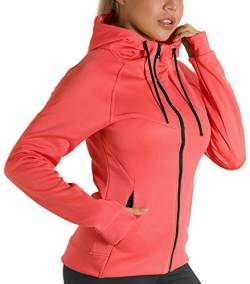 icyzone Damen Sportjacke Laufjacke voll Zip Trainingsjacke mit Kapuze, Fitness Hoodie Langarm Shirt im Winter (M, Korall Rot) von icyzone