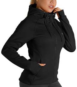 icyzone Damen Sportjacke Laufjacke voll Zip Trainingsjacke mit Kapuze, Fitness Hoodie Langarm Shirt im Winter (S, Schwarz) von icyzone