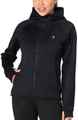 icyzone Damen Sportjacke Laufjacke voll Zip Trainingsjacke mit Kapuze, Fitness Hoodie Langarm Shirt im Winter (XL, Dunkel Blau) von icyzone