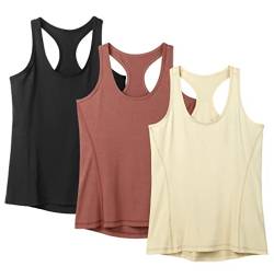 icyzone Damen Sporttop Yoga Tank Top Ringerrücken Sport Oberteil Laufen Fitness Funktions Shirt, 3er Pack (3XL, Black/Cream White/Brick/) von icyzone