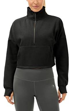 icyzone Damen Sweatshirt Fleece Warm Pullover Cropped-Länge Sweat Ohne Kapuze (L, Black) von icyzone