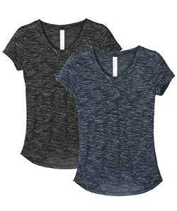 icyzone Damen T-Shirt Kurzarm V-Ausschnitt Yoga Tops Casual Sport Shirt, 2er Pack (XL, Black/Navy) von icyzone