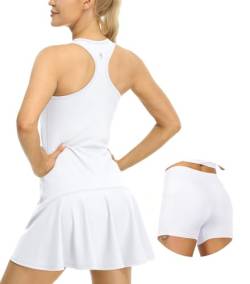 icyzone Damen Tenniskleid mit Shorts Golf Sport Kleider Ärmellos Racerback Sportliche Trainingskleid (L, White) von icyzone