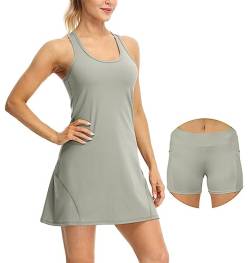 icyzone Damen Tenniskleid mit Shorts Golf Sport Kleider Ärmellos Racerback Sportliche Trainingskleid (S, Light Grey) von icyzone