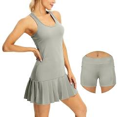 icyzone Damen Tenniskleid mit Shorts Sportkleider Freizeit Golf Falten Kleider Racerback Sportlich Trainingskleid (L, Light Grey) von icyzone