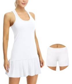 icyzone Damen Tenniskleid mit Shorts Sportkleider Freizeit Golf Falten Kleider Racerback Sportlich Trainingskleid (L, White) von icyzone