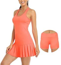 icyzone Damen Tenniskleid mit Shorts Sportkleider Freizeit Golf Falten Kleider Racerback Sportlich Trainingskleid (M, Orange Pink) von icyzone
