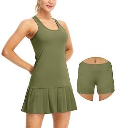 icyzone Damen Tenniskleid mit Shorts Sportkleider Freizeit Golf Falten Kleider Racerback Sportlich Trainingskleid (S, Army) von icyzone