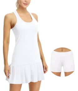 icyzone Damen Tenniskleid mit Shorts Sportkleider Freizeit Golf Falten Kleider Racerback Sportlich Trainingskleid (XL, White) von icyzone