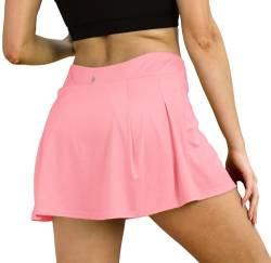 icyzone Damen Tennisrock Sportrock Hohe Taille Tennis Skort mit Taschen Laufröcke Golfrock mit Innenhose (L, Hot Pink*) von icyzone