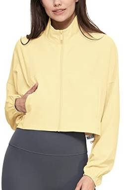 icyzone Damen UPF 50+ UV Sonnenschutz Cropped Jacke, Leichte Laufjacke Sport Jacke Voll Reißverschluss Loose Fit (Creamy Yellow, M) von icyzone