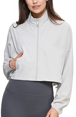 icyzone Damen UPF 50+ UV Sonnenschutz Cropped Jacke, Leichte Laufjacke Sport Jacke Voll Reißverschluss Loose Fit (Light Gray, L) von icyzone