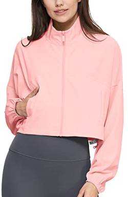 icyzone Damen UPF 50+ UV Sonnenschutz Cropped Jacke, Leichte Laufjacke Sport Jacke Voll Reißverschluss Loose Fit (Pink, M) von icyzone