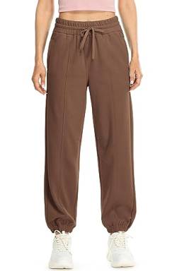 icyzone Damen Warme Jogginghose Hohe Taille Gefüttert Fleece Thermo Hose Baggy Winter Sporthose Sweathose mit Taschen (Reddish Brown, XL) von icyzone