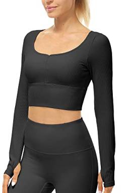 icyzone Damen Yoga Crop Top Langarm Sport Shirt mit Integriertem BH, Fitness Bauchfrei Oberteil Langarmshirt (Black, L) von icyzone