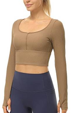 icyzone Damen Yoga Crop Top Langarm Sport Shirt mit Integriertem BH, Fitness Bauchfrei Oberteil Langarmshirt (Cacao, M) von icyzone