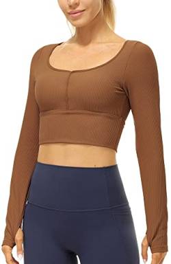 icyzone Damen Yoga Crop Top Langarm Sport Shirt mit Integriertem BH, Fitness Bauchfrei Oberteil Langarmshirt (Chestnut Brown, L) von icyzone